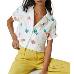 Maeve White Crop Top with Colorful Coral Print